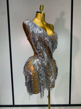 Sparkly Rhinestone Tassel Mesh Dress Nightclub Dance Stage Performance Costume Evening Party One shoulder Nigtclub Mini Dress